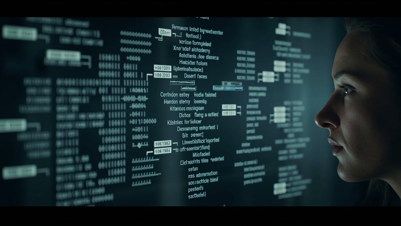 Imagen generada por IA con el prompt: Abstract diagram of relational algebra operations: binary relations shown as columns, composition and restriction operators with arrows from movie IDs to titles and ratings, clean technical style, no faces, no text.