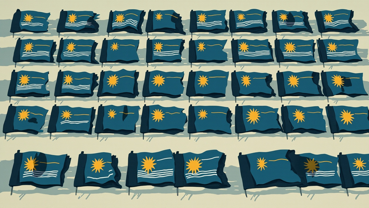 Imagen generada por IA con el prompt: Editorial illustration: twenty nearly identical minimalist city flags arranged in a grid, navy blue with white and gold, suns and wavy lines, muted tones, flat design style, satirical feel