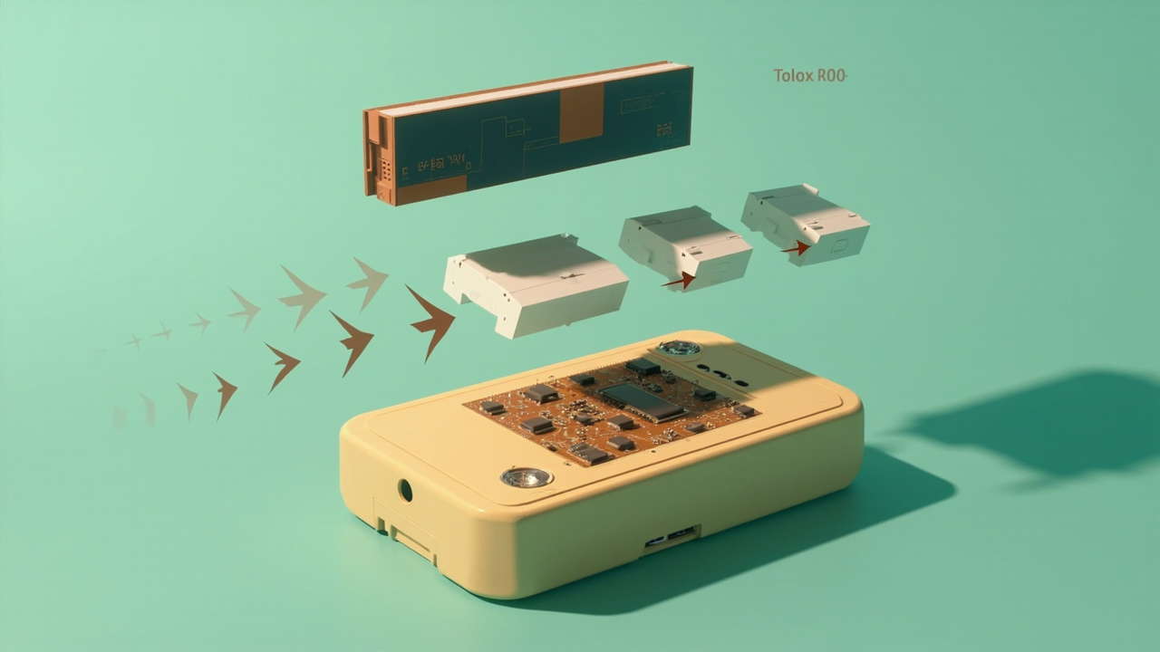 Imagen generada por IA con el prompt: Editorial technical illustration: stylized 16-bit memory blocks floating above a vintage beige PC motherboard, arrows showing segment movement and compaction, soft cyan and amber palette, no logos or text.