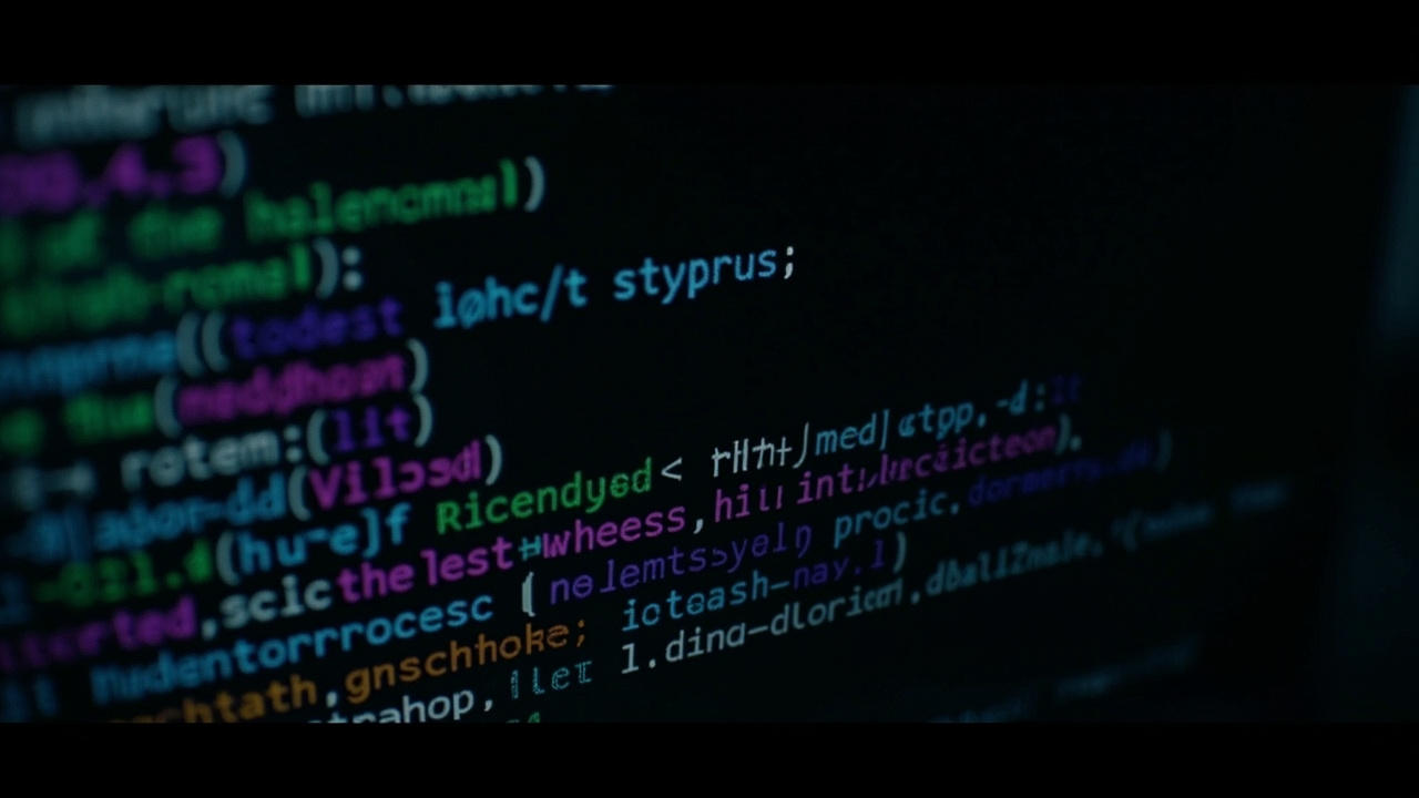 Imagen generada por IA con el prompt: Dark terminal screen with colorful structured system call traces, hex dumps and process IDs, technical retro-computing aesthetic, soft glow, no readable text