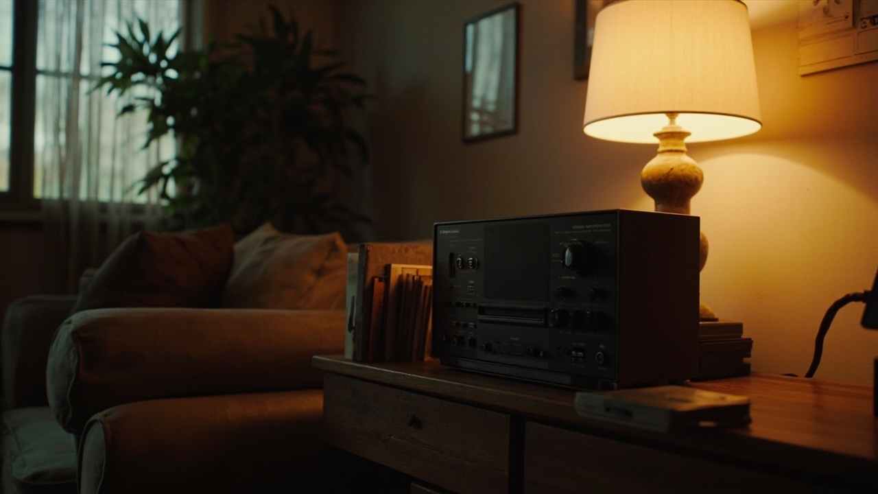 Imagen generada por IA con el prompt: Cozy living room with a smart speaker on a wooden shelf, warm ambient lighting, vintage cassette tapes next to modern audio gear, nostalgic atmosphere