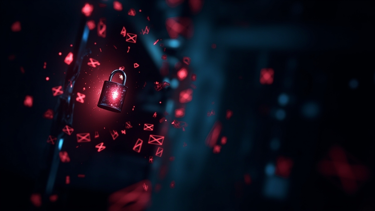 Imagen generada por IA con el prompt: Dark server room with a cracked glowing padlock, red alert icons and email envelopes floating around, digital breach concept, moody blue and red lighting, editorial illustration style