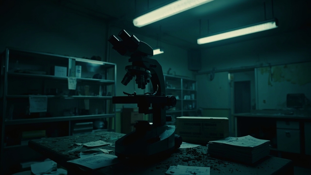 Imagen generada por IA con el prompt: abandoned biomedical research lab, dusty microscope on an empty desk, scattered grant rejection letters, dim fluorescent lighting, somber atmosphere, editorial illustration