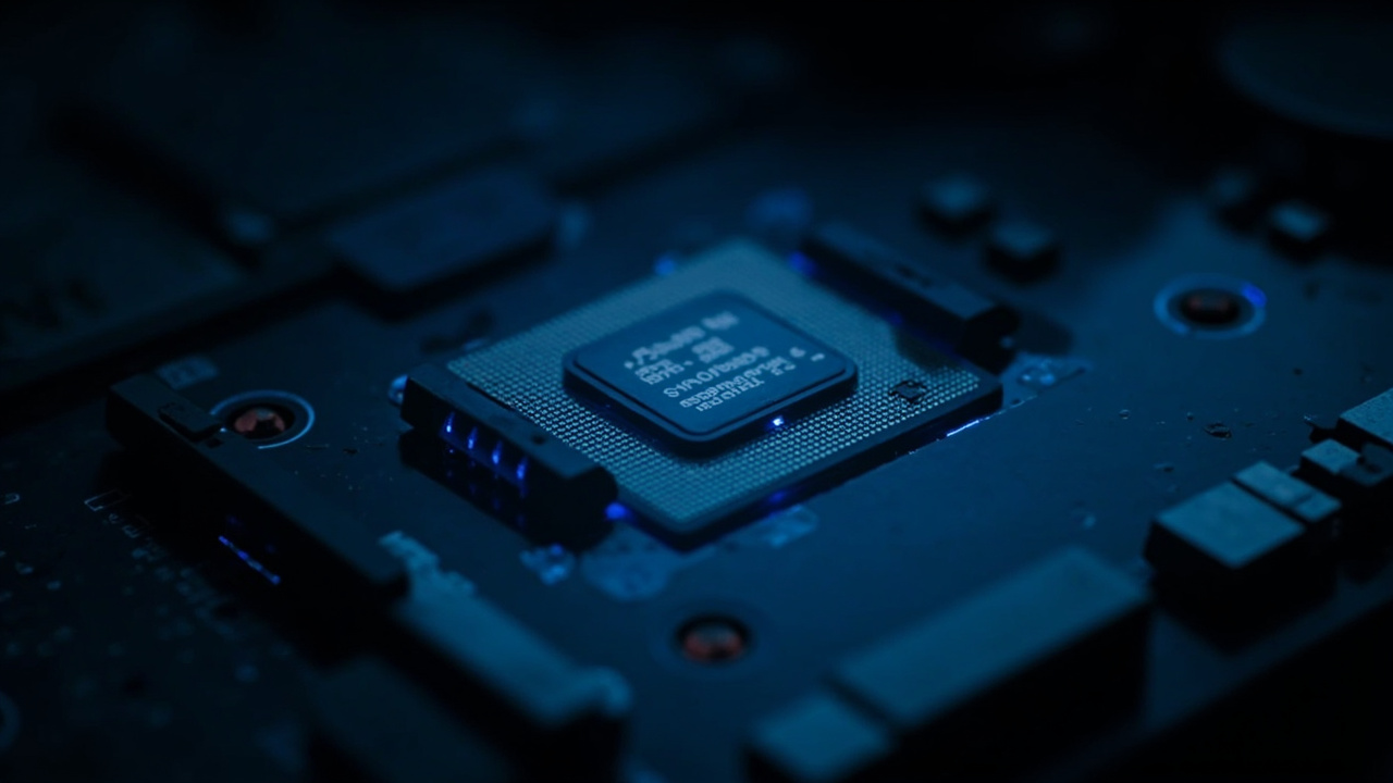 Imagen generada por IA con el prompt: Close-up of a laptop motherboard with a Snapdragon C processor, surrounded by subtle blue light, on a dark surface, tech editorial photography style.