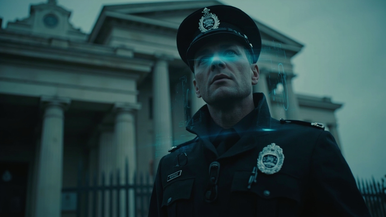 Imagen generada por IA con el prompt: British police officer outside a neoclassical courthouse, holographic AI interface fading, muted blue and grey tones, editorial photography style