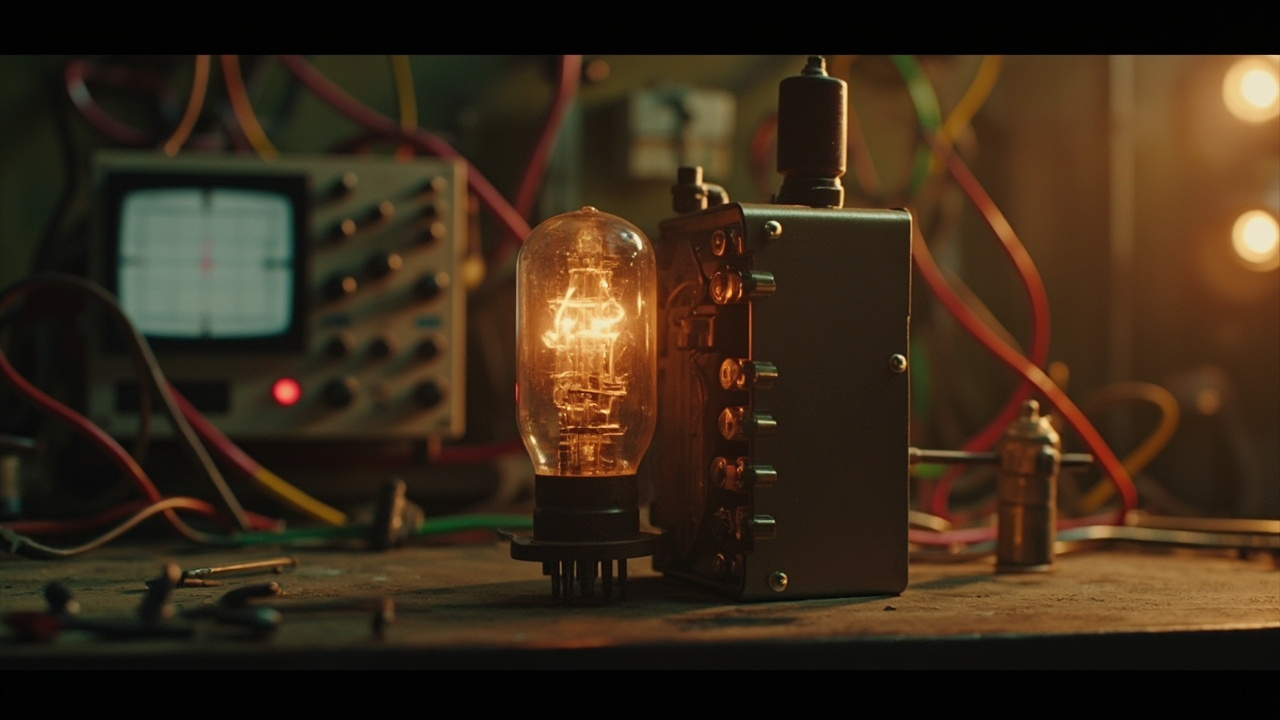Imagen generada por IA con el prompt: Vintage vacuum tube module with nine pins and insulated handle on a workbench, glowing warm amber light, retro 1940s electronic laboratory atmosphere, oscilloscope and colorful wires in background