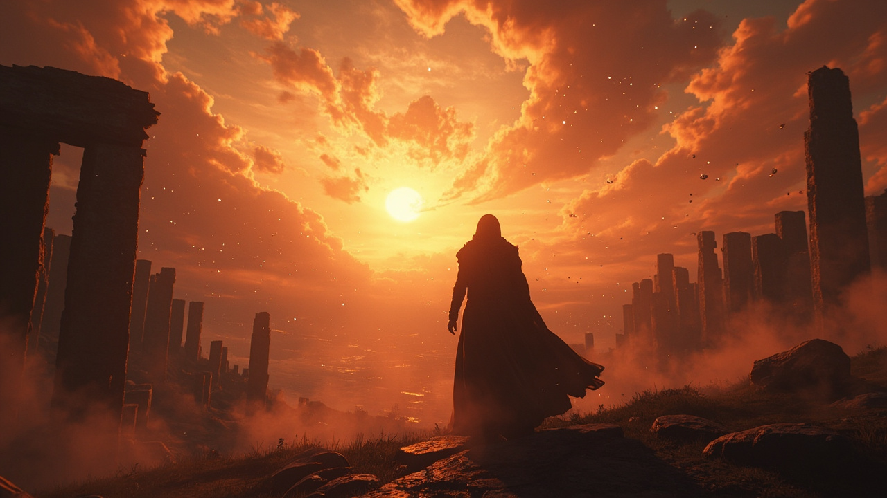Imagen generada por IA con el prompt: widescreen digital painting, heroic silhouette facing a radiant dawn over ancient ruins, magical particles floating, nostalgic fantasy atmosphere, no faces or text, retro-futuristic style