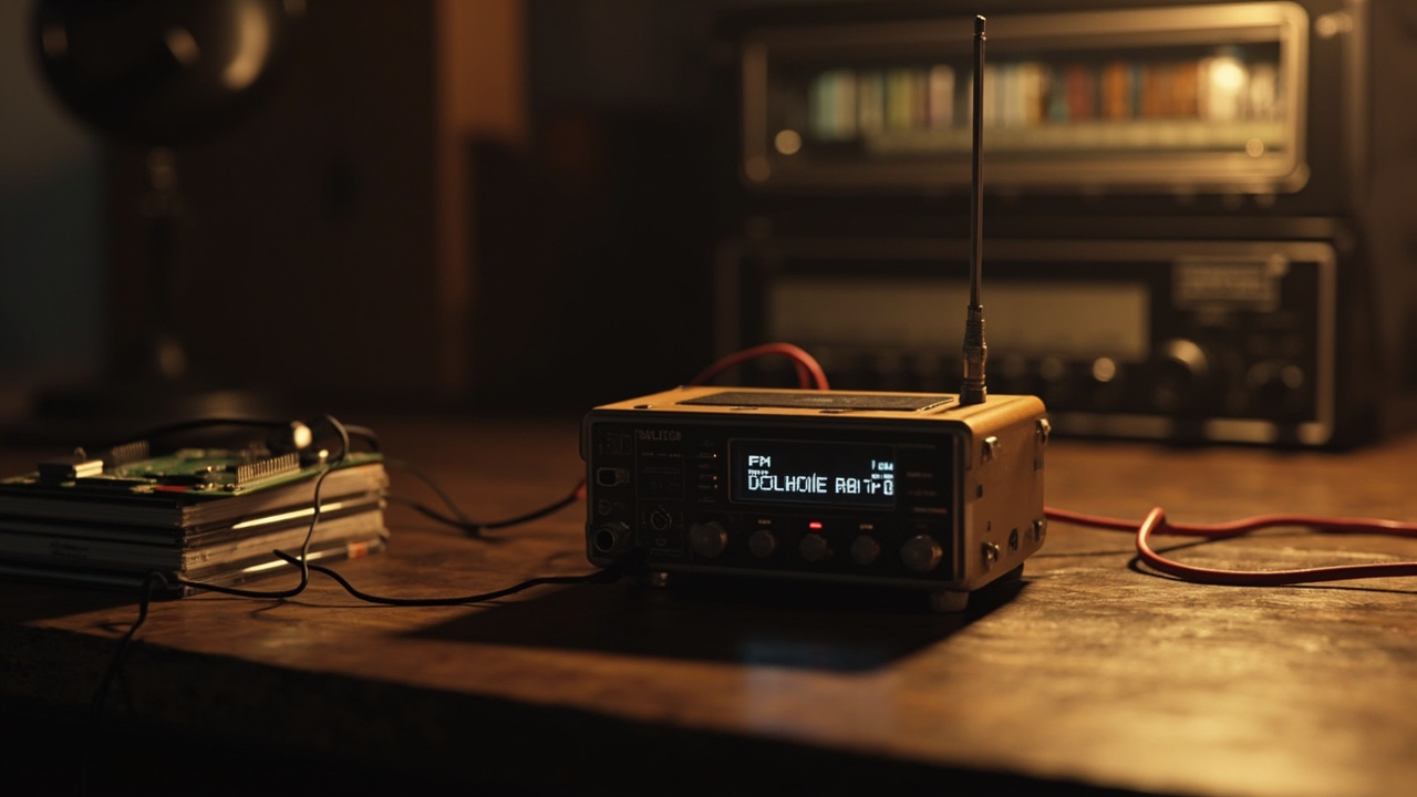 Imagen generada por IA con el prompt: A small homemade FM radio transmitter on a wooden desk, connected via cables to a Raspberry Pi and a stack of CDs, with an old analog radio receiver in the background tuning music.
