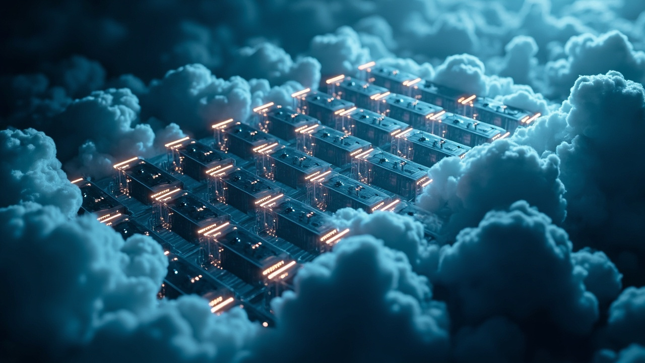 Imagen generada por IA con el prompt: Editorial illustration of a cloud architecture diagram with isolated microVMs inside an AWS Lambda grid, representing tenant isolation and untrusted code execution