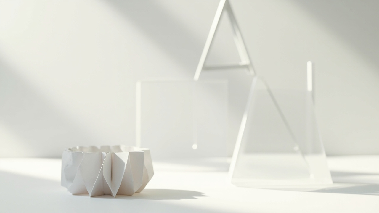 Imagen generada por IA con el prompt: Minimalist paper origami torus sitting on a clean white surface, soft natural light, subtle geometric triangles and angle annotations floating in the background, editorial science photography style