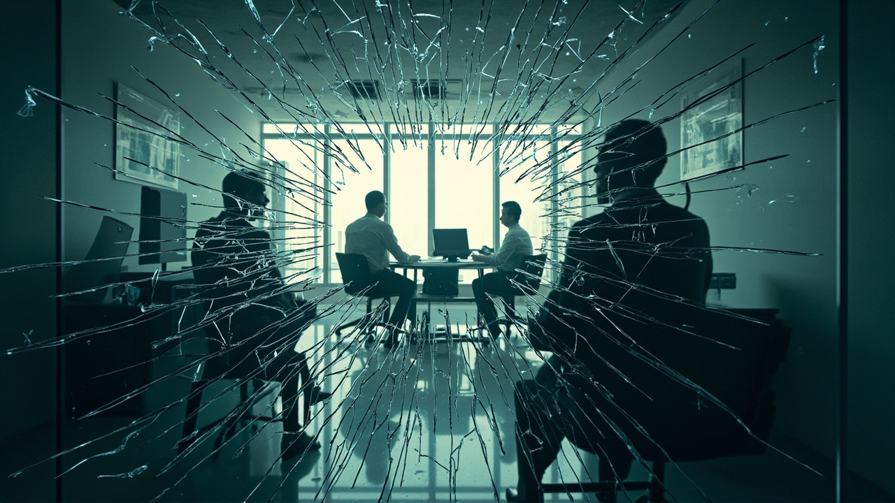 Imagen generada por IA con el prompt: Minimalist editorial illustration of a shattered mirror reflecting a chaotic office, symbolizing the unreliable nature of technical interviews.