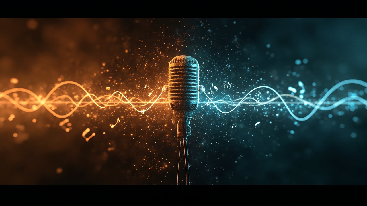 Imagen generada por IA con el prompt: Abstract visualization of AI transforming into musical notes and sound waves, circuit board patterns merging into studio microphone silhouettes, editorial style, warm amber and cool blue tones, no text or faces