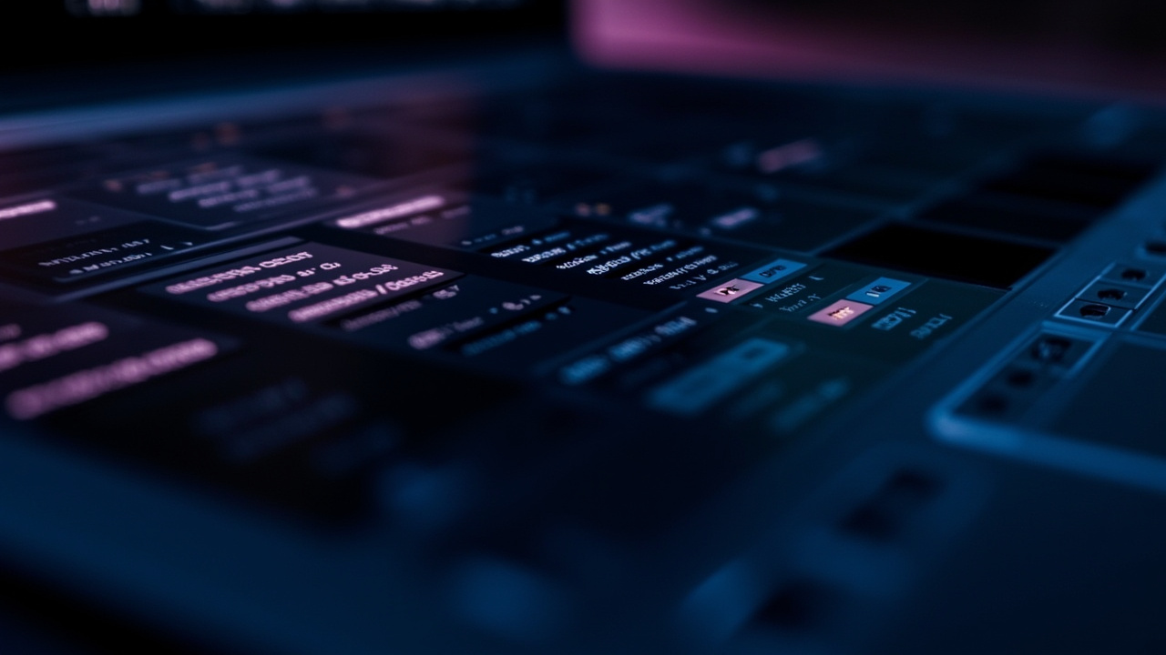 Imagen generada por IA con el prompt: Close-up of a laptop screen in a dim studio, dark digital audio workstation interface with floating extension panels and faint JavaScript code overlaid, moody blue and purple lighting.