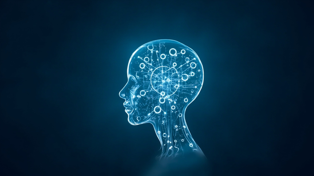 Imagen generada por IA con el prompt: Abstract editorial illustration of a translucent robotic head filled with glowing logic symbols and interlocking frames, set against a deep blue background, minimalist digital art style.