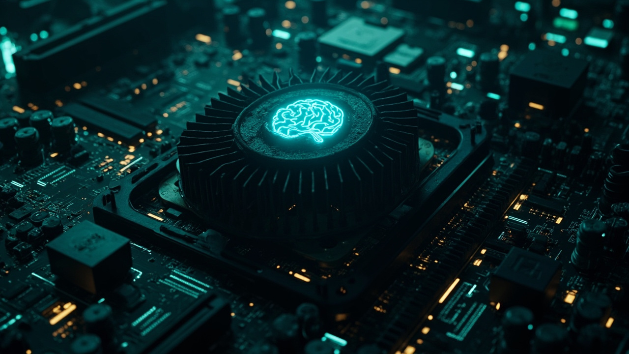 Imagen generada por IA con el prompt: A vintage server motherboard with a large heat sink, surrounded by digital data streams and a glowing AI brain icon in the center, cyberpunk style, dim lighting