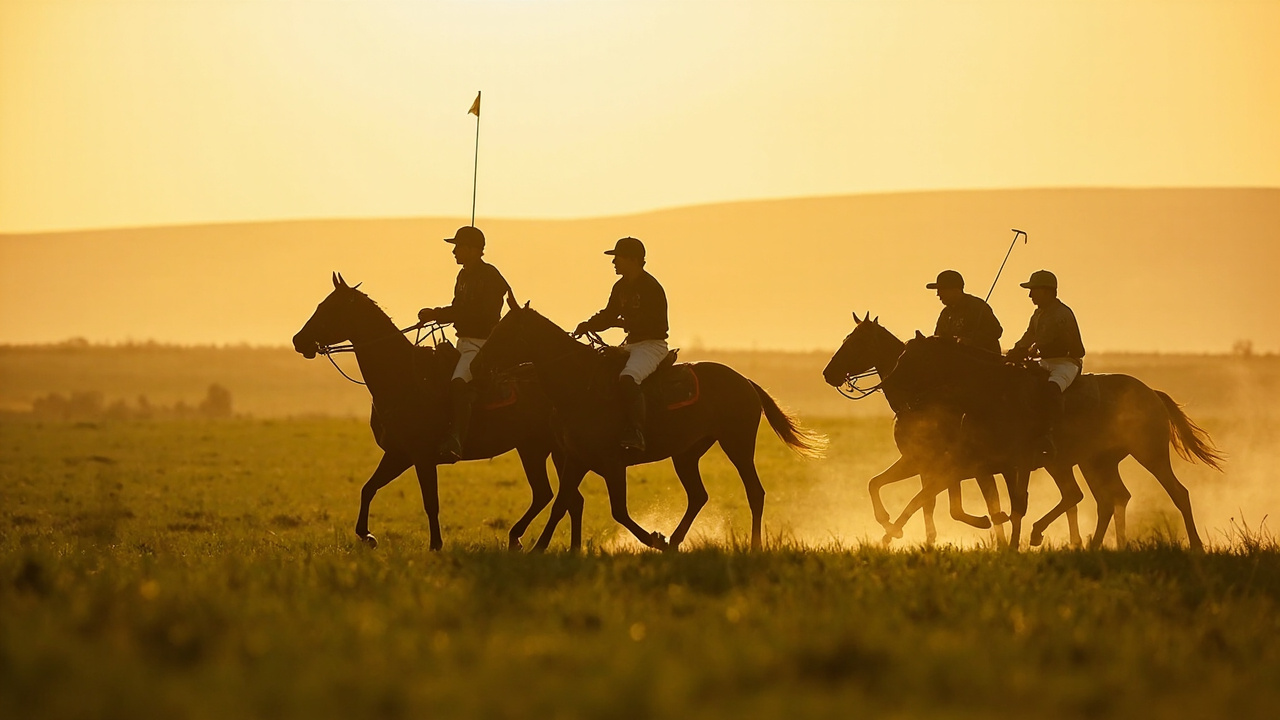 Imagen generada por IA con el prompt: Argentine polo player on horseback in vast green pampas, a line of nearly identical chestnut polo ponies beside him, warm golden hour light, editorial photojournalism style
