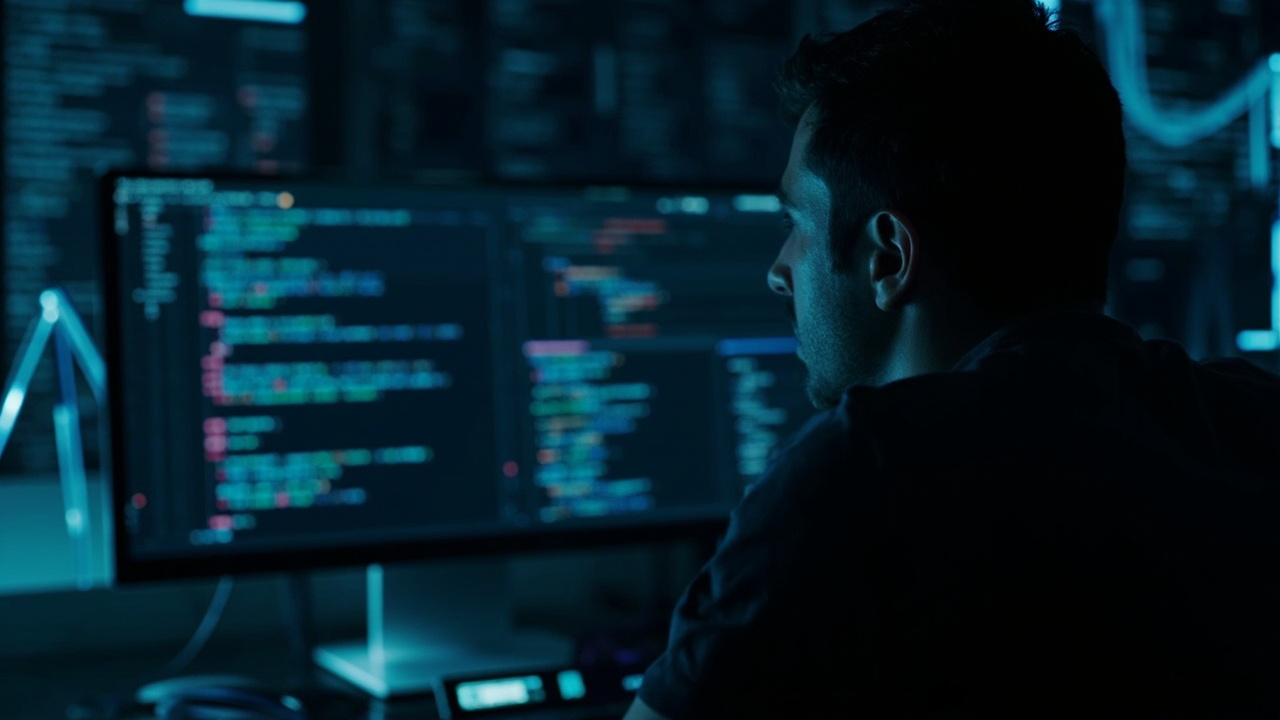 Imagen generada por IA con el prompt: Developer workspace with code on a dark terminal screen, AI assistant interface glow, futuristic coding setup, soft blue light, no faces, no logos