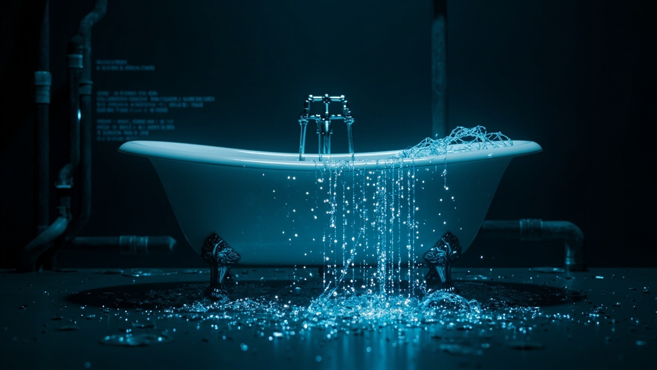 Imagen generada por IA con el prompt: An overflowing bathtub with streams of glowing data packets spilling over, pipes and a queue visualization on a dark editorial background, minimalist tech illustration style