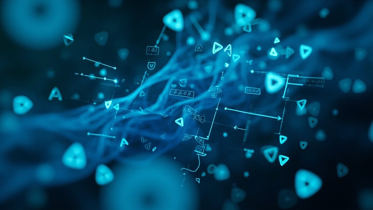 Imagen generada por IA con el prompt: Abstract mathematical composition with floating lambda symbols, recursive function diagrams, and soft blue lighting, editorial tech illustration style