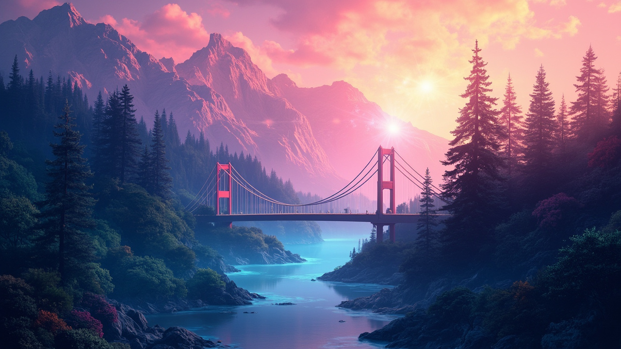 Imagen generada por IA con el prompt: Abstract digital art: colorful gradient landscapes and natural scenes (mountains, trees, bridges) emerging from a glowing node, evoking 384-dimensional vector space, soft neural network aesthetic, no text