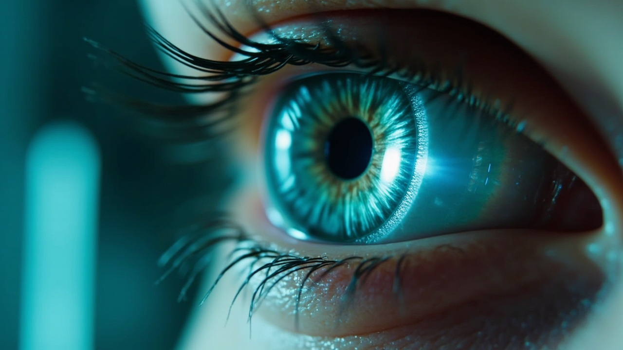 Imagen generada por IA con el prompt: Editorial medical illustration of a human eye with a translucent futuristic platinum contact-lens electrode on the cornea, soft teal clinical lighting, scientific style, close-up, no text, no faces.