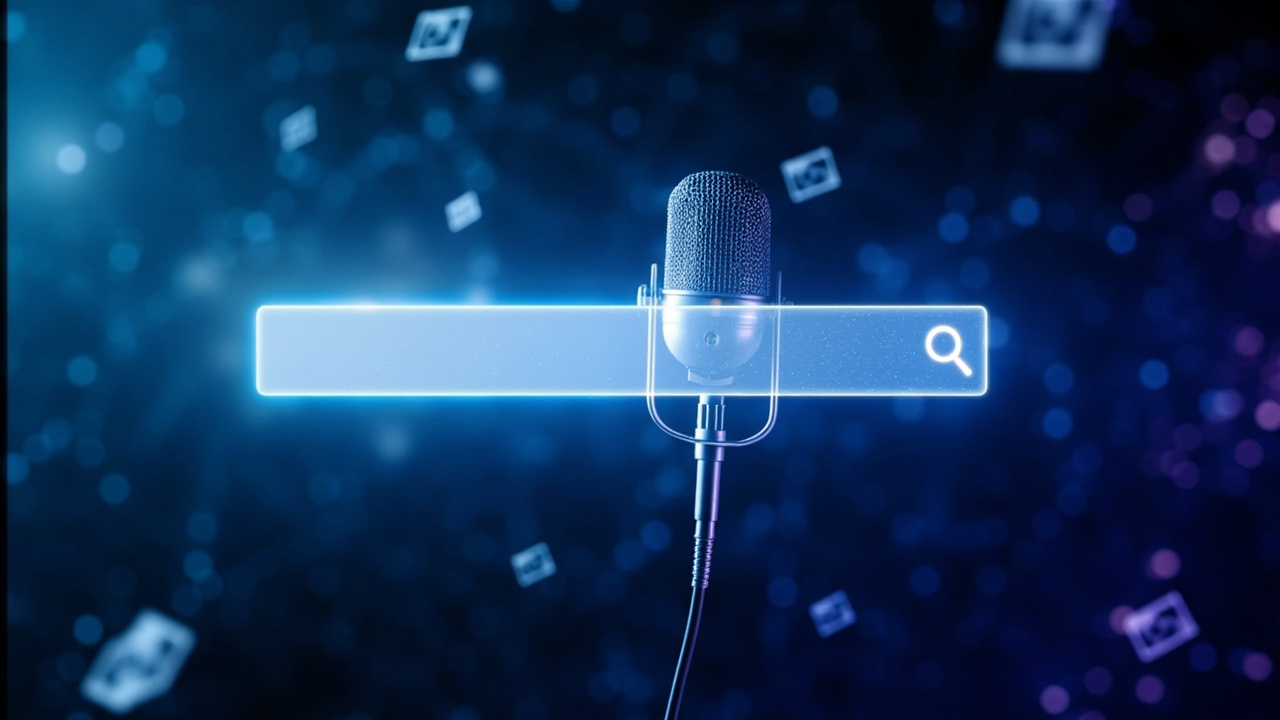 Imagen generada por IA con el prompt: Editorial illustration of a glowing search bar and microphone surrounded by floating photo thumbnails, with abstract neural network patterns in the background, cool blue and violet tones