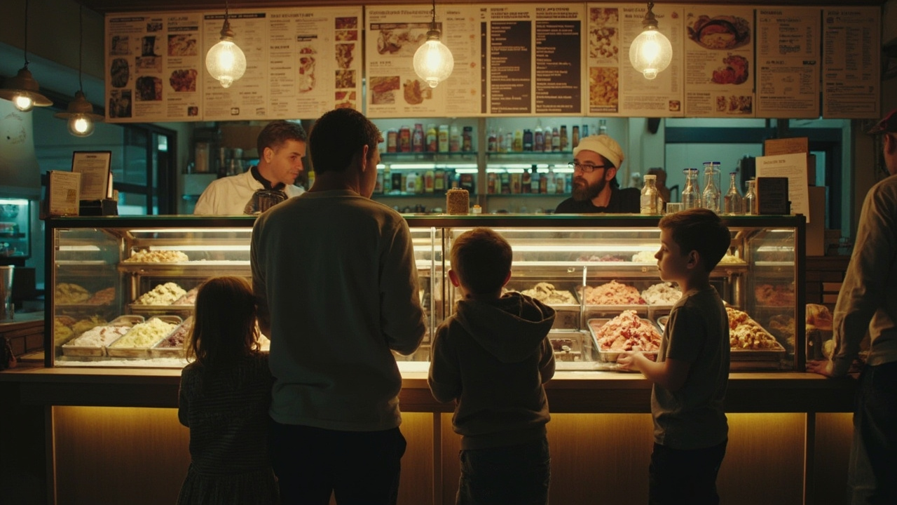 Imagen generada por IA con el prompt: American family of five at the counter of a small modern gelateria in central Rome, metal-lidded gelato display, young Italian worker answering questions, warm natural light, literary essay mood
