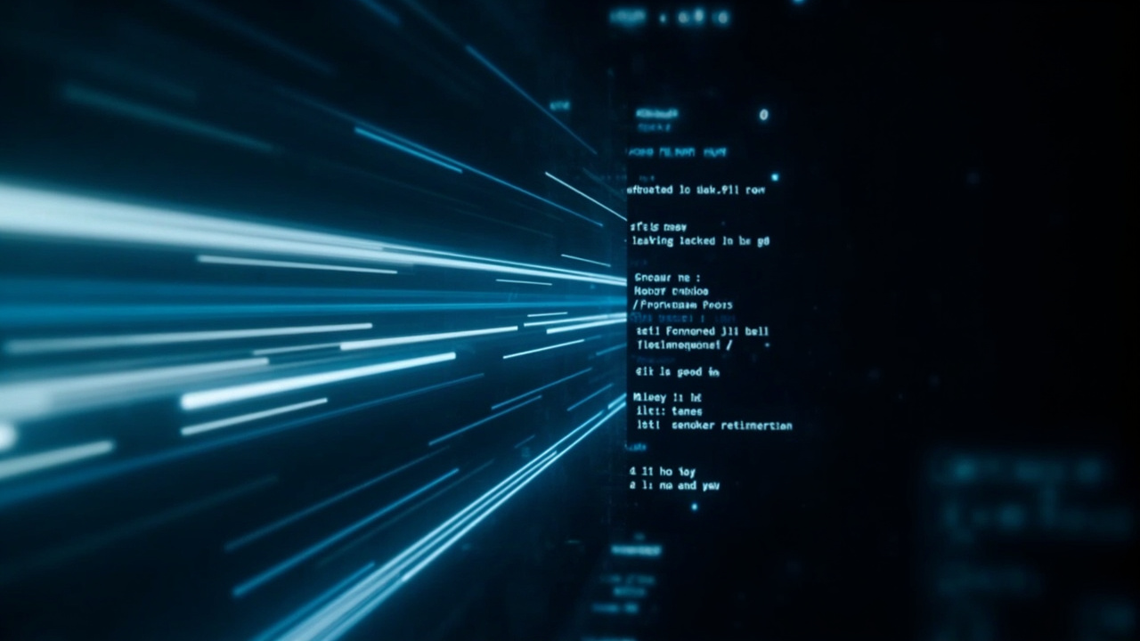 Imagen generada por IA con el prompt: Minimalist dark terminal window with command output lines being compressed through a glowing digital filter, abstract flowing code streams narrowing into a clean result, modern tech aesthetic, blue and white tones
