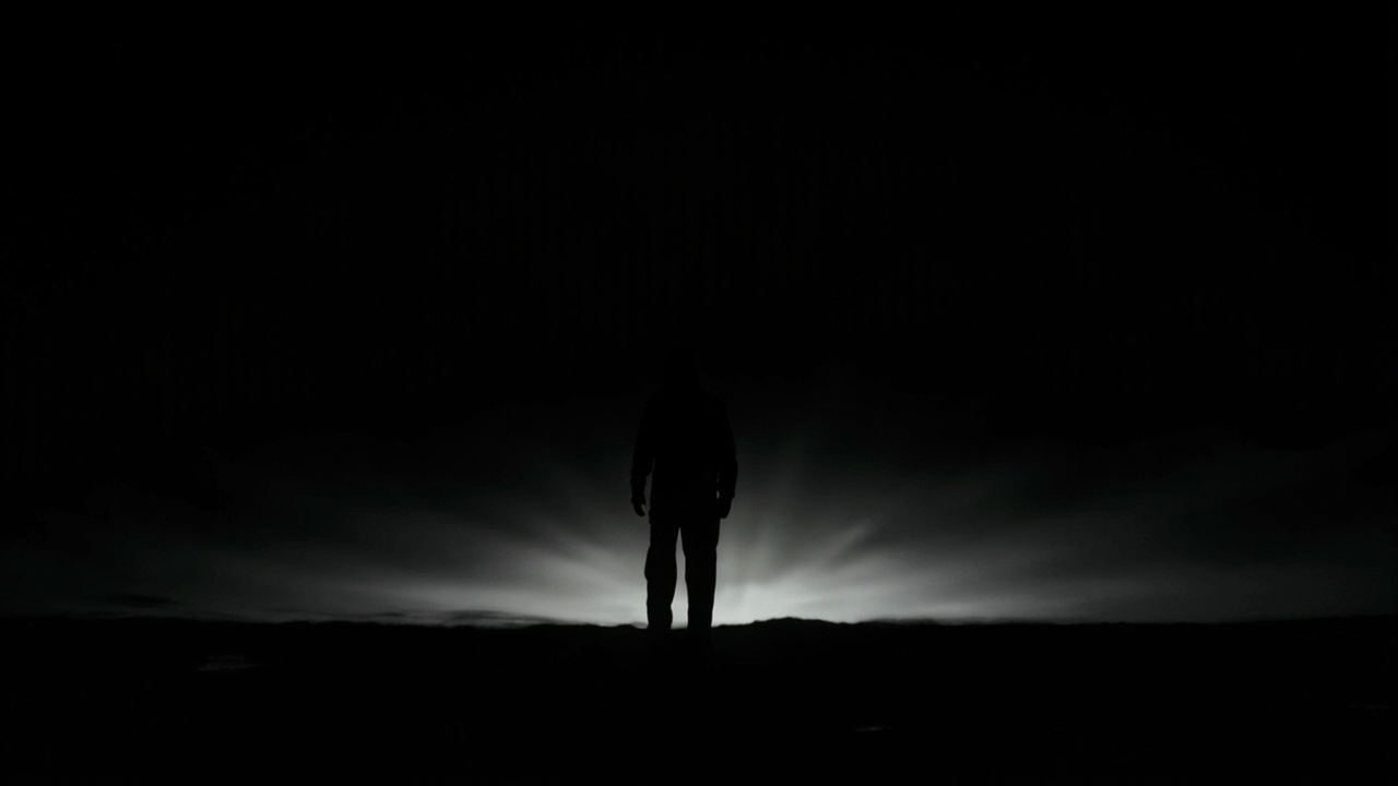 Imagen generada por IA con el prompt: A lone figure walking into an infinite dark void, seen from behind, minimal black background, soft silhouette, surreal and contemplative mood, editorial illustration style.