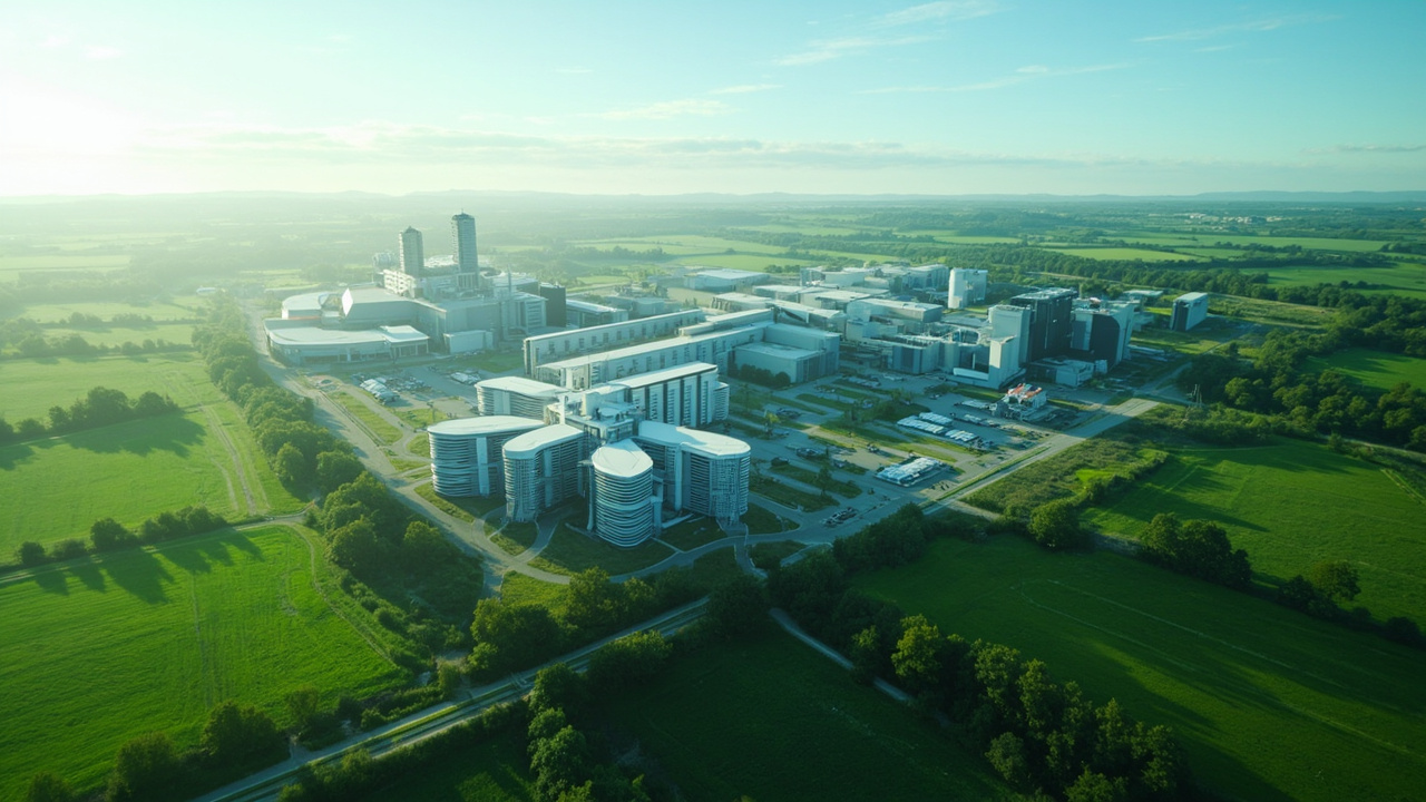 Imagen generada por IA con el prompt: A futuristic aerial view of a large data center campus in rural France, with multiple buildings and cooling towers, surrounded by green fields, under a clear sky, digital and clean aesthetic.