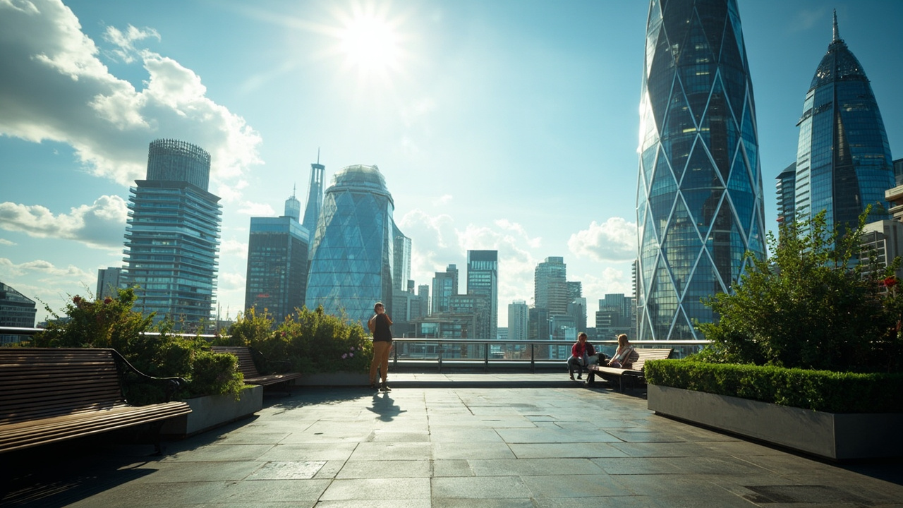 Imagen generada por IA con el prompt: Wide-angle view from a public roof terrace in the City of London, showing modern skyscrapers like the Gherkin and the Walkie-Talkie against a clear blue sky, with a few visitors enjoying benches and shrubbery. No visible