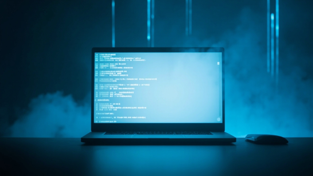 Imagen generada por IA con el prompt: Minimal editorial illustration: a Mac laptop on a desk with a glowing Linux terminal window overlapping it, subtle code lines, clean flat style, soft blue and white tones, no logos or text