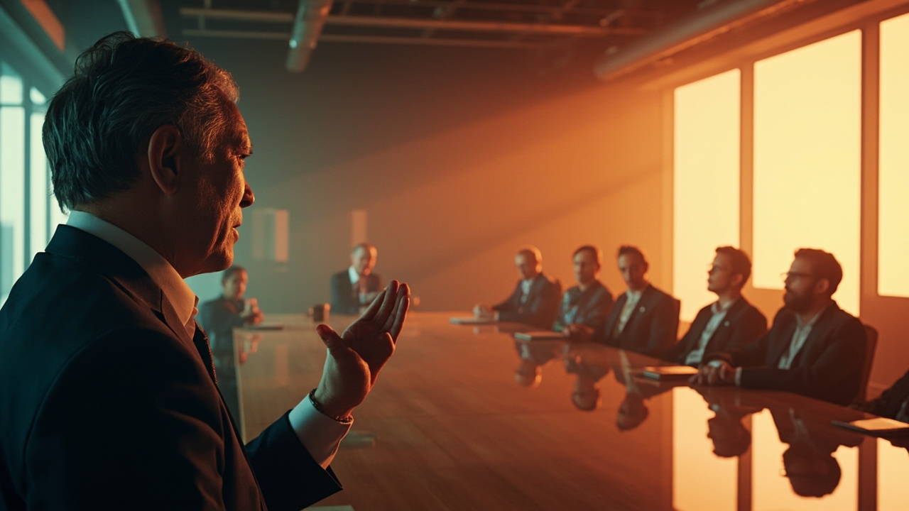 Imagen generada por IA con el prompt: Editorial illustration of a Silicon Valley boardroom: a founder presenting at the front while a row of venture capitalists sits at a long table, one visibly dozing off, warm corporate lighting, modern minimalist style.