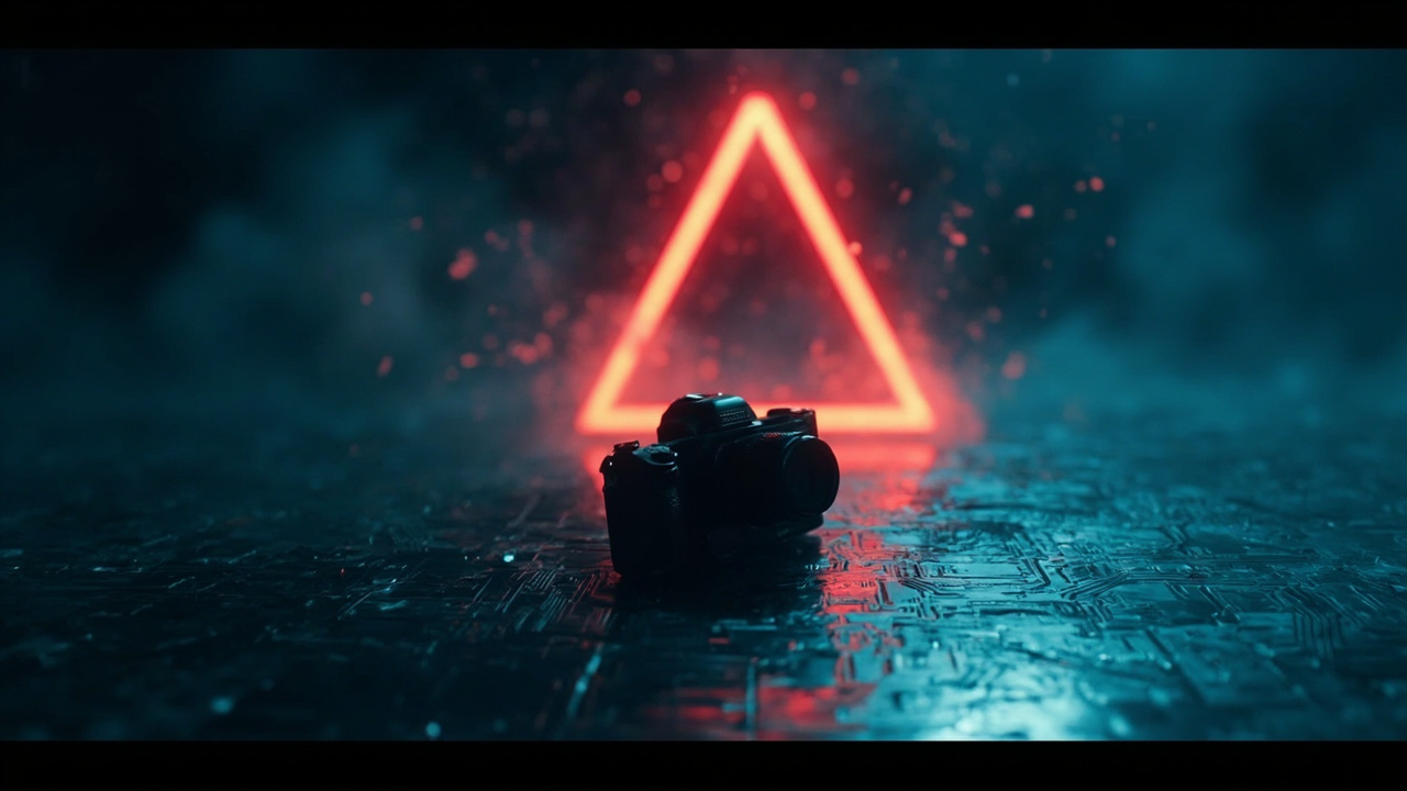 Imagen generada por IA con el prompt: Action camera on a dark surface, faint red warning triangle glowing above, dissolving into circuit board patterns, editorial illustration, blue and amber tones, moody lighting