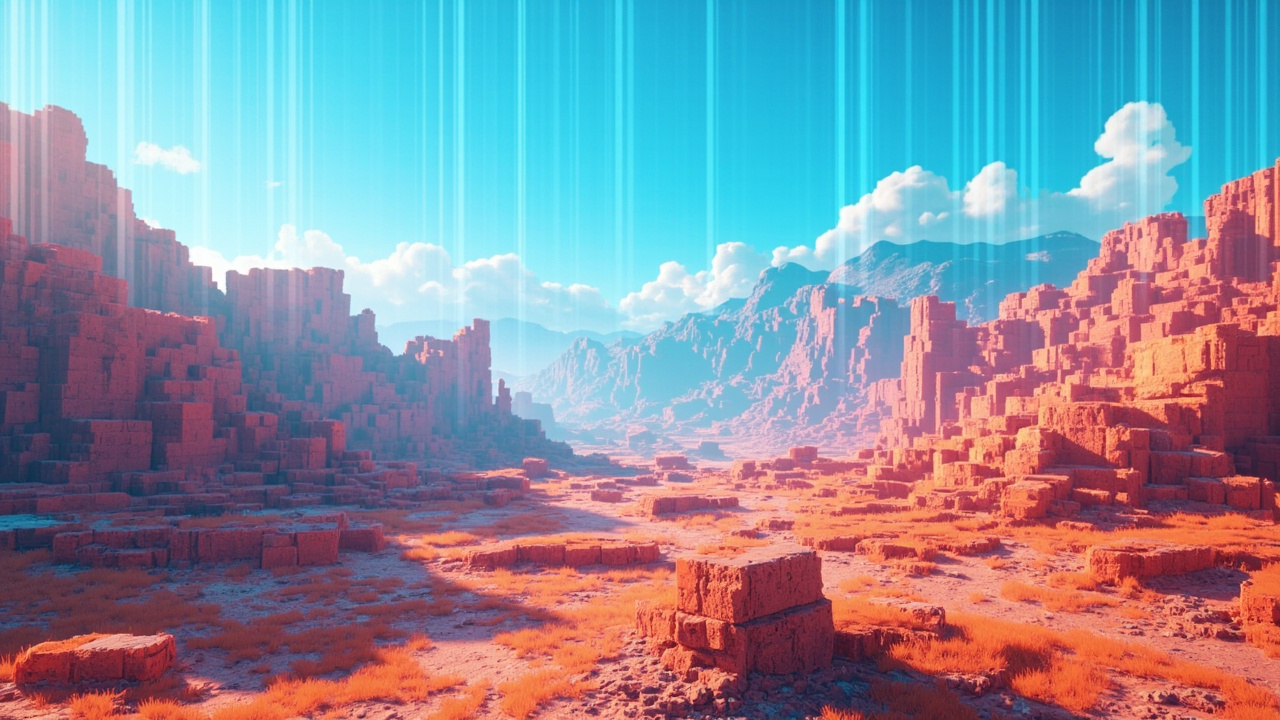 Imagen generada por IA con el prompt: Pixelated voxel terrain landscape with textured mountains and valleys, retro 1990s game style, vertical line rastering effect, blue sky with gradient, no text or logos.