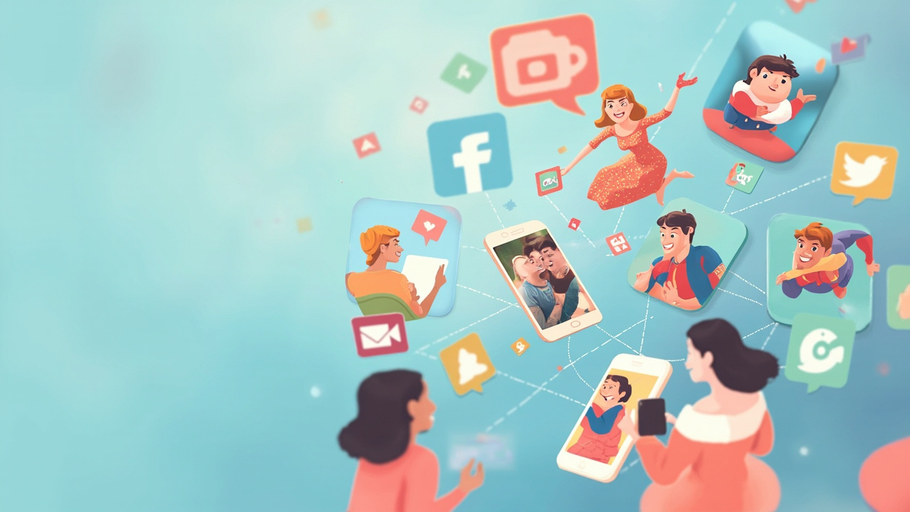 Imagen generada por IA con el prompt: Colorful social media app icons scattered across a smartphone screen with diverse young users connecting in the background, flat editorial illustration style, soft pastel palette