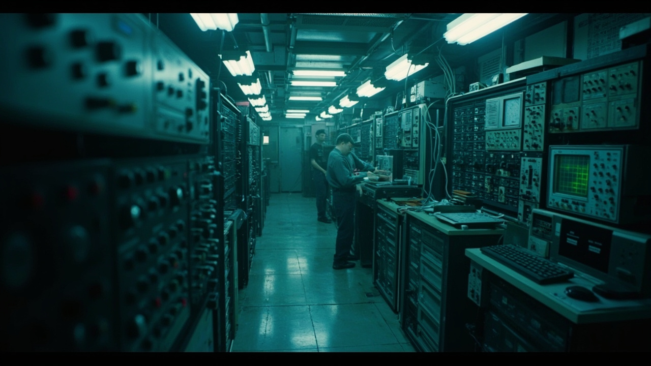 Imagen generada por IA con el prompt: Soviet computer laboratory in the 1980s, technicians working on large mainframe-like hardware with oscilloscopes and terminals, cold blue-gray lighting, retrofuturistic atmosphere, no recognizable faces, no text, wide sh