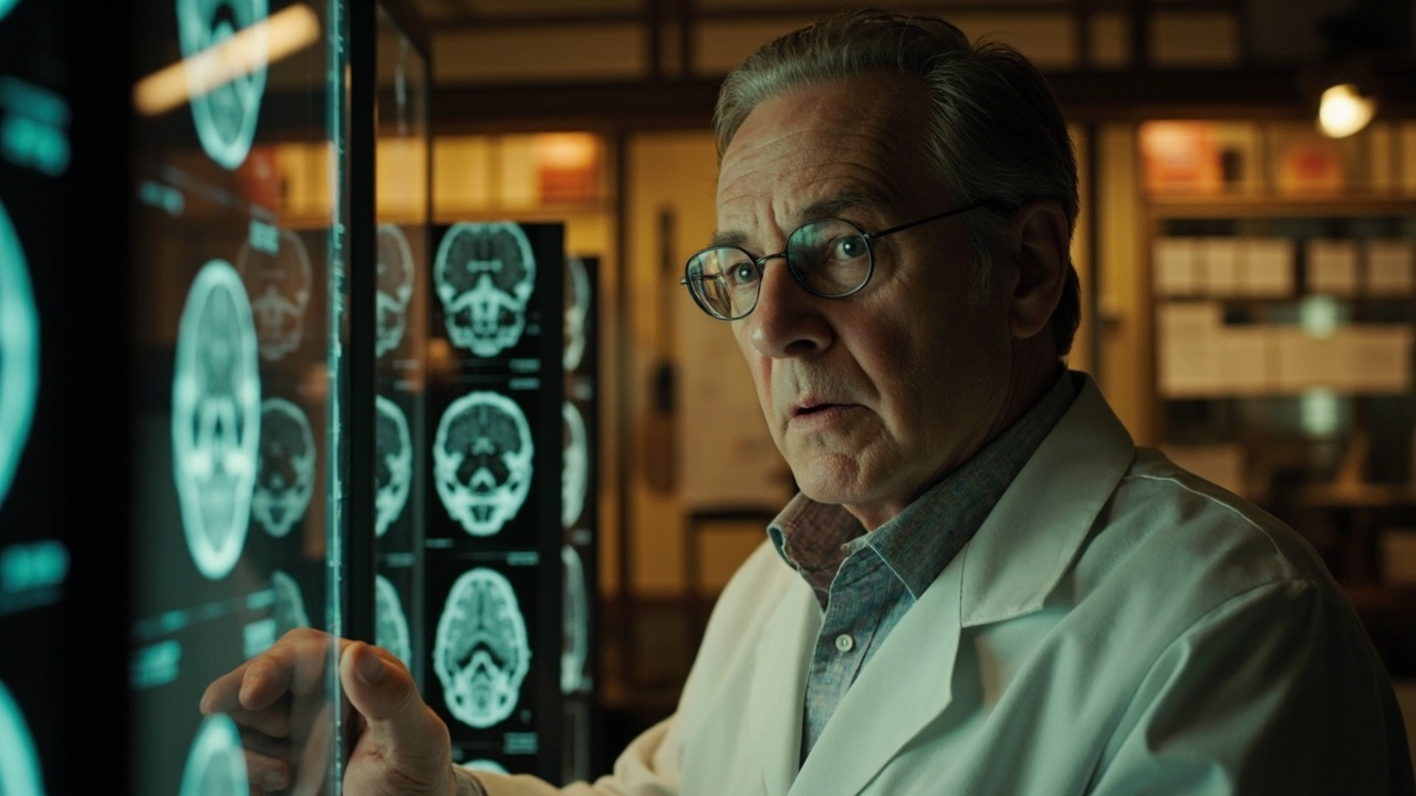 Imagen generada por IA con el prompt: A thoughtful middle-aged doctor in a lab coat reviewing brain scans in a warmly lit office, research notes in the background, editorial photojournalism style, soft golden tones