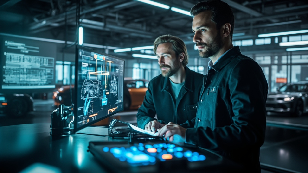 Imagen generada por IA con el prompt: modern automotive design studio with engineers collaborating alongside AI-powered computer workstations, sleek vehicle prototypes in background, industrial lighting, screens displaying machine learning data visualization