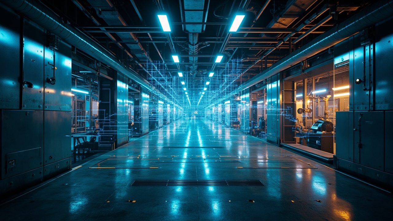 Imagen generada por IA con el prompt: European industrial factory floor with translucent holographic AI overlays, sleek metallic panels, cool blue and warm amber lighting, editorial illustration style, wide cinematic angle