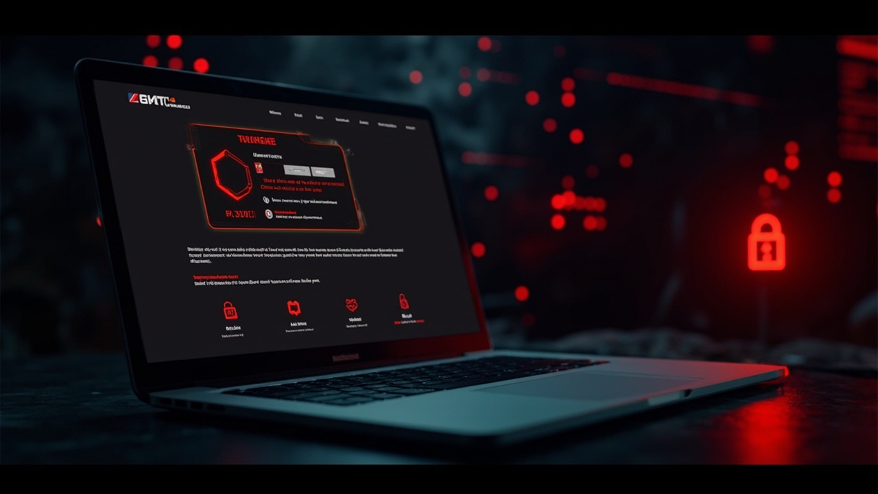Imagen generada por IA con el prompt: Fake soccer tournament website displayed on a laptop screen with red warning alerts and padlock icons, cybersecurity fraud concept, dark digital background, no recognizable faces or brand logos.
