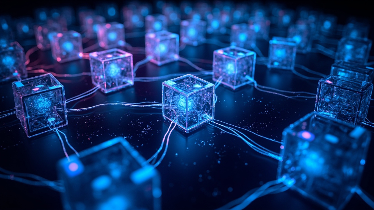 Imagen generada por IA con el prompt: Editorial illustration of glowing interconnected WebAssembly cubes forming a modular network, with binary code streams flowing between them, futuristic tech aesthetic, blue and purple tones, dark background