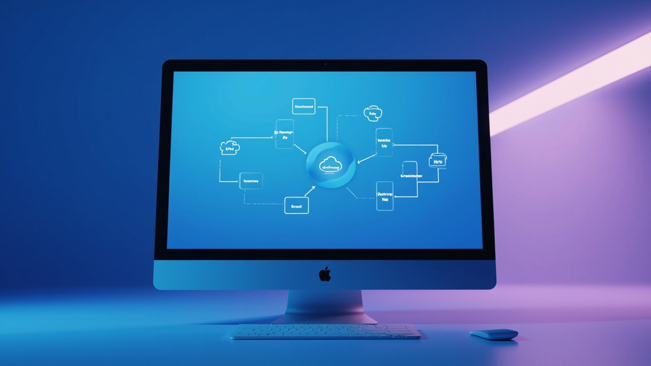 Imagen generada por IA con el prompt: Minimalist macOS desktop showing a sleek AWS architecture diagram with interconnected cloud service nodes and flow lines, soft blue and purple gradient background, modern developer tool aesthetic