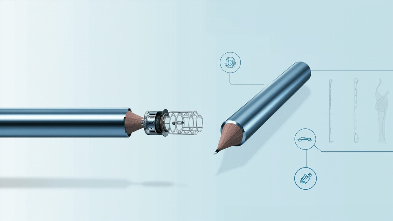 Imagen generada por IA con el prompt: Illustrated cross-section of a mechanical pencil showing internal mechanism, exploded view, clean lines, blue and grey tones, educational infographic style, no faces or logos.