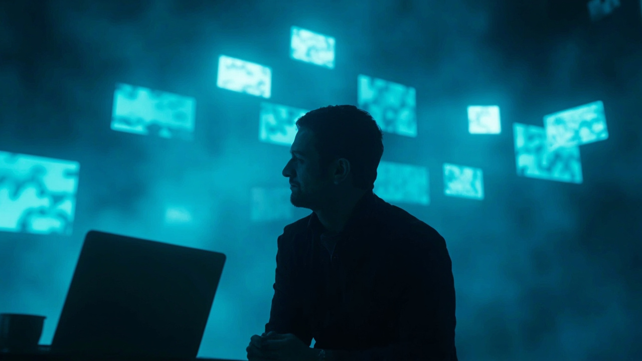Imagen generada por IA con el prompt: A dimly lit room with a contemplative silhouette surrounded by glowing phone and laptop screens displaying abstract chat bubbles, cool blue tones, soft shadows, editorial illustration style