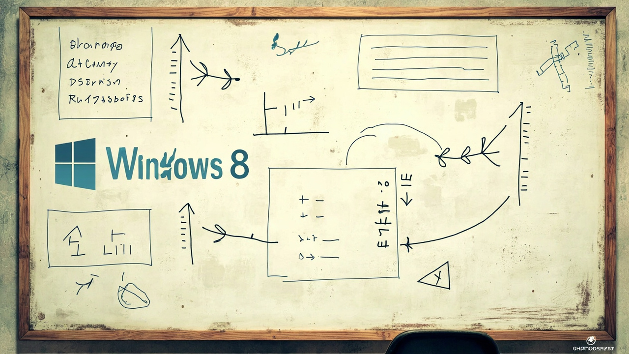 Imagen generada por IA con el prompt: Retro technology illustration: developer whiteboard with messy abstract shapes and arrows representing Windows 8 UI components, no text or logos, in a playful blueprint style.