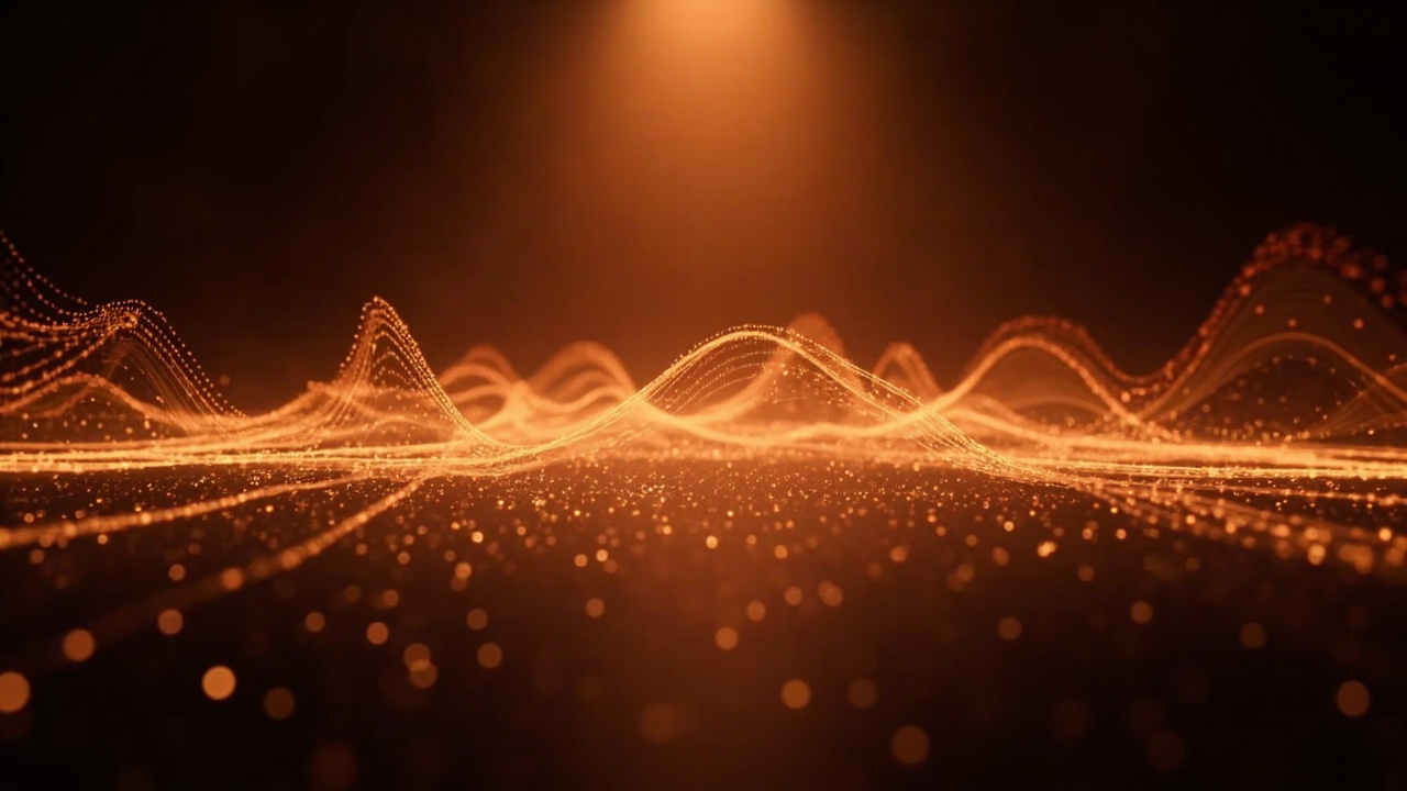 Imagen generada por IA con el prompt: Abstract glowing waveforms of audio and video data streaming across a dimly lit tech conference stage, warm golden spotlight, futuristic minimalist atmosphere, editorial photography style