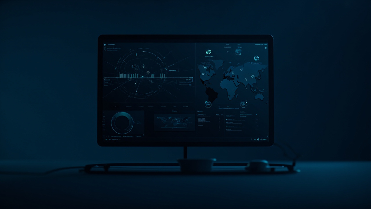 Imagen generada por IA con el prompt: Editorial flat illustration of a dark-themed Linux desktop window showing a network dashboard with signal bars, a world map, and terminal panes, soft blue accents, clean minimalist style, no text or logos.