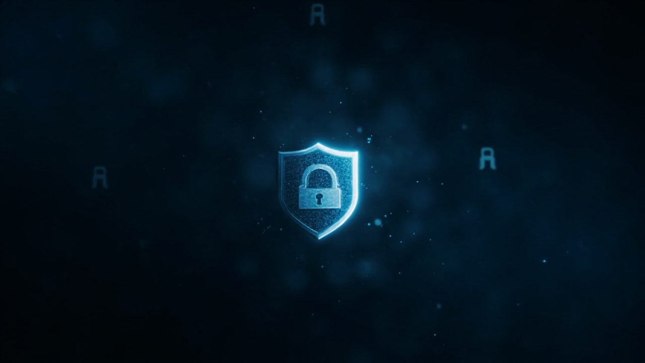 Imagen generada por IA con el prompt: A minimal dark desktop interface with a glowing shield icon, surrounded by subtle padlock and key symbols, representing a hardened secure operating system, digital art style.