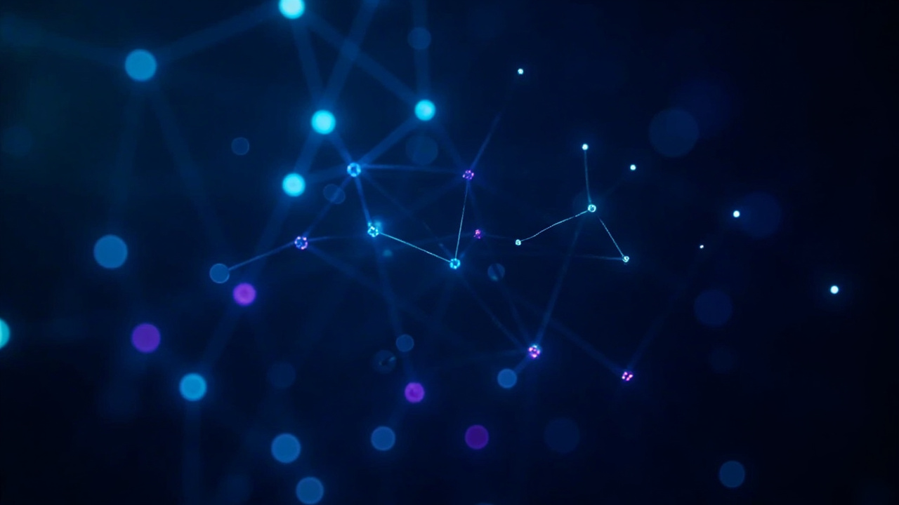 Imagen generada por IA con el prompt: Glowing knowledge graph nodes connected by luminous edges on dark navy background, symbolizing an AI memory system, minimalist editorial illustration with blue and purple neon accents.